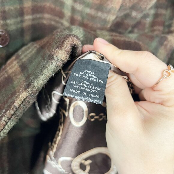 Goode Rider Brown & Green Plaid Double Breasted Coat Jacket Wool - Size Small - Picture 5 of 7